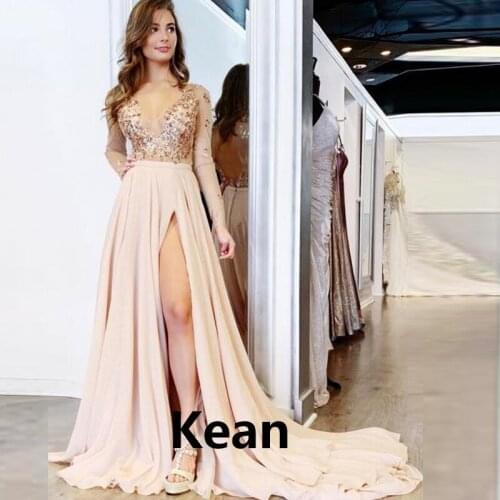 Champagne Evening Dress Slit Full Sleeve Bead Special Occasion Party robe soiree Islamic Dubai Kaftan Saudi Arabic Prom Dress