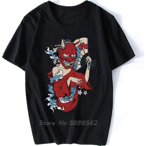Japanese Kimono Geisha With Oni Demon Mask T Shirt Homme Summer New White Short Sleeve Men Casual Tshirt Unisex Streetwear Tee