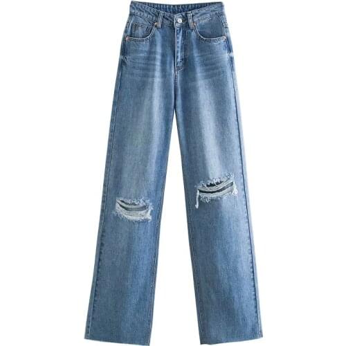 2021 New High Waist Knee Hole Jeans Woman Denim Pants Overlength Ripped Jeans High Street Zipper Trousers