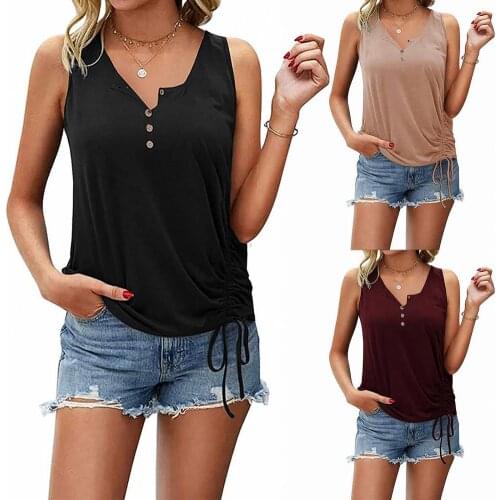 Summer Fashion Casual Solid Color Single-breasted Vest Side Shirring U-neck Sleeveless Loose Top Women Streetwear Daily