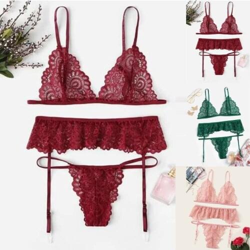 Women Hot Erotic Sexy Lingerie Lace Sheer Bra Set Underwear Garter Babydoll Exotic Lingerie Dress Bra Briefs Set Plus Size S-2XL