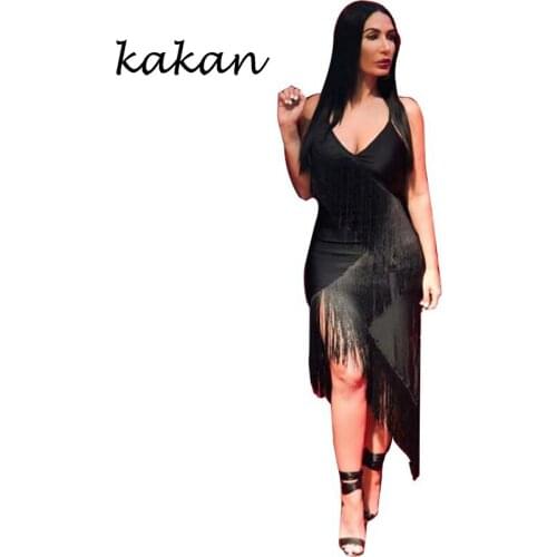 Kakan summer new womens tassel dress sexy nightclub solid color strap dress halter black fluorescent orange dress