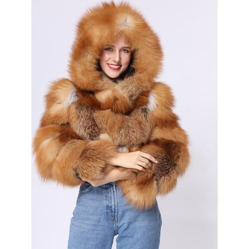Free Shipping Winter Women Cropped Fashion Sexy Hooded Real Fox Fur Coat MJF-FC-19