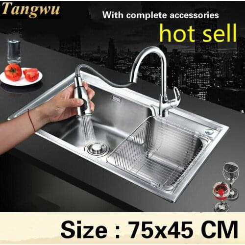 Free shipping Large kitchen sink 0.8 mm food grade 304 stainless steel standard single slot hot sell stretch tap 75x45 CM