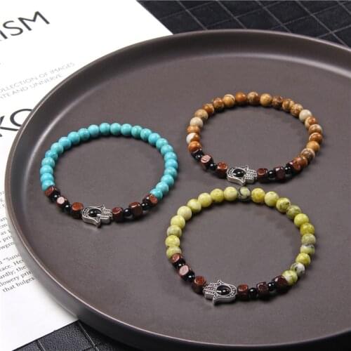 Hamsa Bracelets Men Silver Color Fatima Hand Bracelet Buddhism Square Wood Beads Charm Bangle Women Elastic Pulsera Jewelry Gift