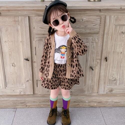 New autumn fashion trend 3-7 year old girl baby clothes sexy cute cute leopard print long sleeve coat + shorts children suit
