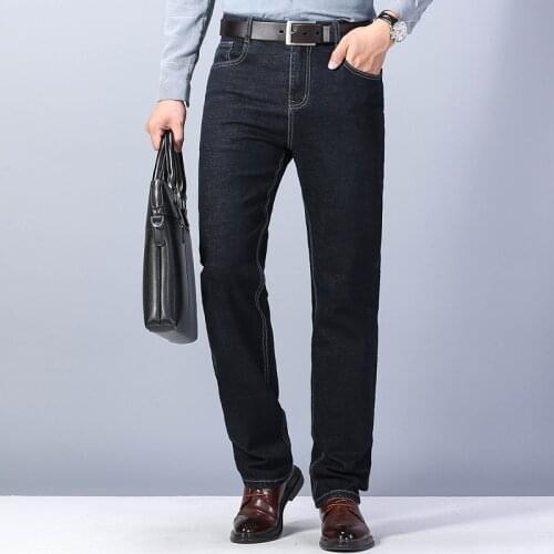 Men Business Jeans Classic winter Autumn Male Cotton Straight Stretch Brand Denim Pants Summer Overalls Slim Fit Trousers 2021