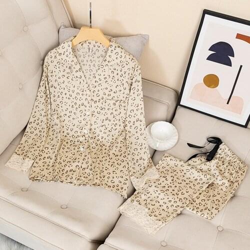 Fdfklak Leopard Print Women Pajama Set Silk Soft Touch Long Sleeve Trousers Suit Pyjamas 2021 Spring Pijama Satin Femme