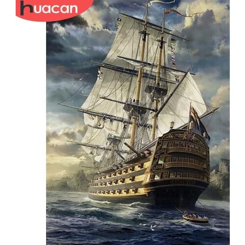 HUACAN 5D Full Square Diamond Painting Cross Stitch Boat Diamond Embroidery Ship DIY Mosaic Rhinestone Landscape Home Decor