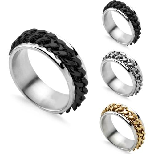 Fashion Creative Stainless Steel Chain Spinner Ring For Men Gold Black Punk Rock Rotatable Rings Accessories Jewelry Gift