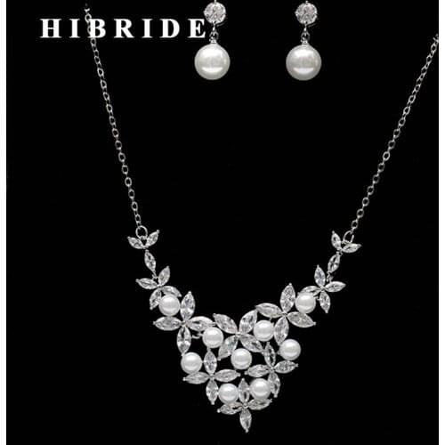 HIBRIDE Brazil Style Flower Clear Cubic Zirconia Pearl Jewelry Sets Women Bridal Necklace Earring Set Dress Accessories N-261