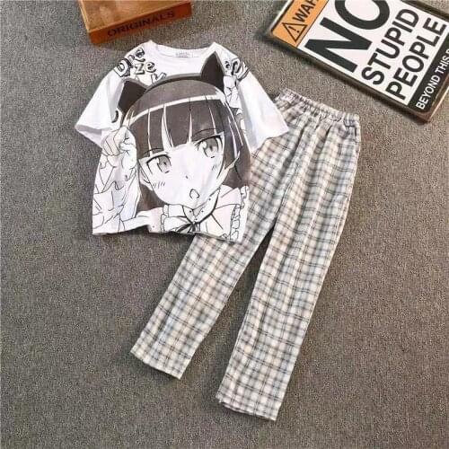 Suit Summer Cartoon Short-sleeved T-shirt Female Loose Korean Plaid Wide-leg Pants Casual Two-piece Suit