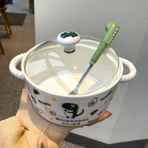 Creativity High Capacity fork with Lid Ceramics Instant Noodle Bowl Young Girl Dorm Room Student Office Super Large Bowl Mug