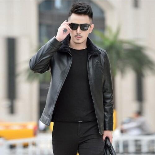 Hot Winter new clothes Men silk cotton clothing leather jacket Mens slim Fashion Korean Lapel Lamb fur collar OUTERWEAS