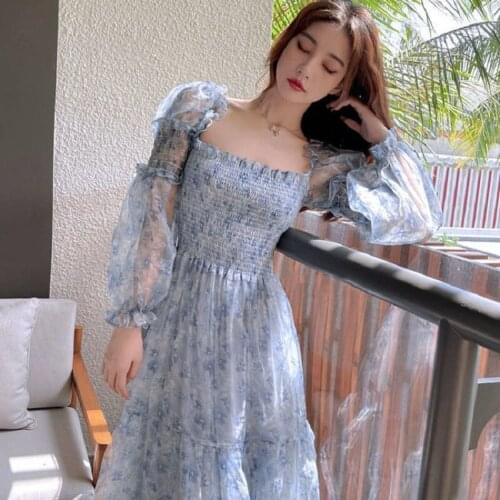 Sweet Summer Lace Elegant Midi Dress Women Puff Sleeve Square Collar Boho Beach Dress Floral Female Party One Piece Korean Dress