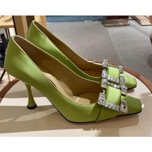 Moraima Snc Crystal Buckle Decorations High Heel Shoe Spring Square Toe Party Dress Heels Woman Sexy Wedding Shoes