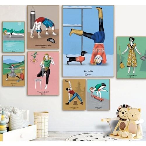 Cartoon Figure Swimming Stretching Skateboard Motion Wall Art Print Poster Yoga Boxing Canvas Painting Pictures Gym Room Decor