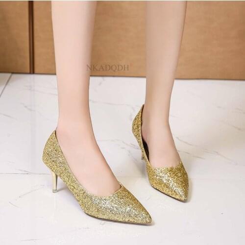 Sexy Thin High Heels Shoes Women Ladies Big Size 43 Glitter Pumps Small Size 34 Woman Female Bling Bling Silver Gold Party Shoes