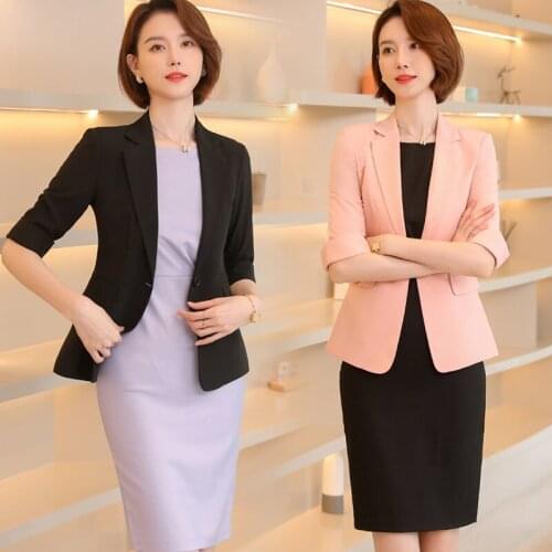 Half Sleeve Formal Uniform Designs Blazers Set for Women Business Work Wear Suits with Dress and Jackets Coat OL Styles Outfits