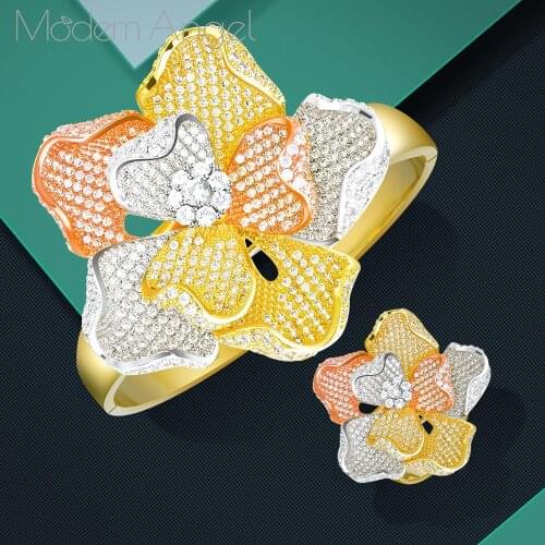 ModemAngel Luxury Flower gold Bangle Bracelet and Rings Jewelry Sets for Dubai Women Wedding Abrincos para as mulheres