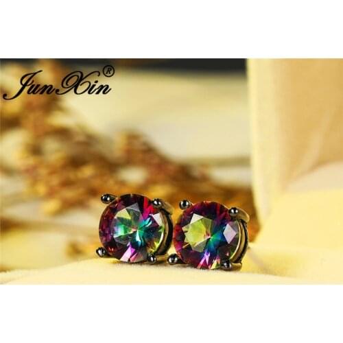 Female Male 8MM Rainbow Fire Crystal Round Earrings White Gold Black Gold Colorful Zircon Wedding Stud Earrings For Men Women Cz