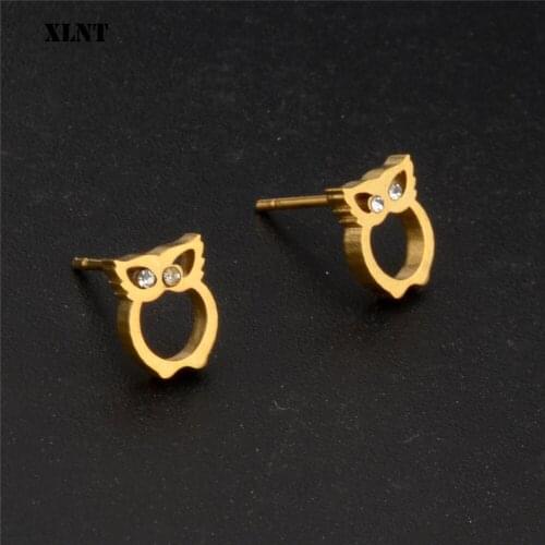 XLNT New Classic Fashion Crystal owl Animal brincos Jewelry Cute Stainless Steel Stud Earrings For Women Girls