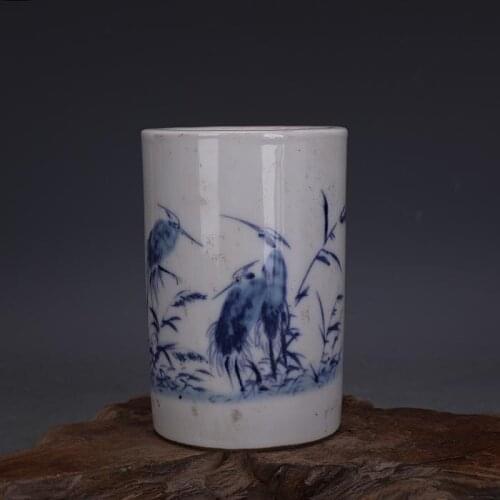 Old blue and white water bottle, Heron roost illustration