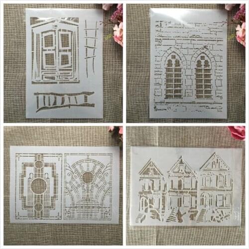 4Pcs A4 29cm House Building Window DIY Layering Stencils Wall Painting Scrapbook Coloring Embossing Album Decorative Template