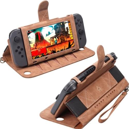 VNSTRIP Vintage Folding PU Black/Brown Standing Folio Case for Nintendo Switch Cover Card Slots Protective case With Elastic St