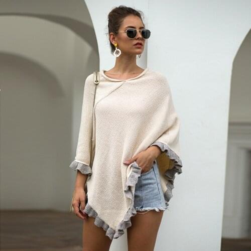 Womens fashion ruffled irregular knit sweater fall 2021 sexy O neck cuff jumper winter casual loose cape vest jumper