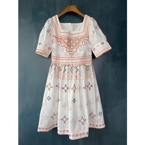 High Quality Cotton Dress 2021 Summer Style Women Sexy Square Collar Exquisite Embroidery Short Sleeve A-Line White Black Dress