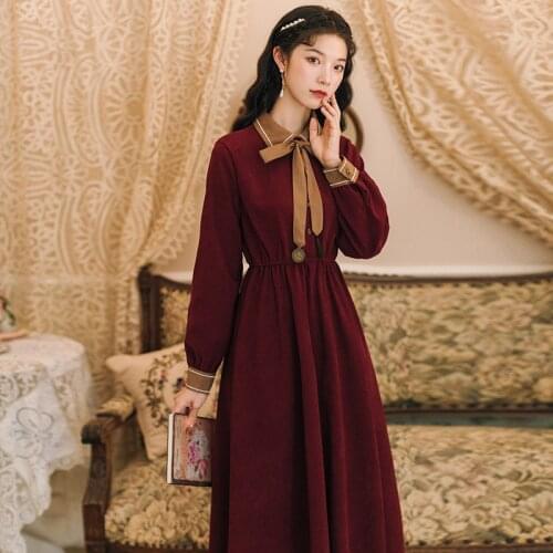 Female Autumn 2021 New Bowknot Lace Cute Ladies Long Sleeve Retro Dresses French Thin Red Temperament Elegant Midi Dress