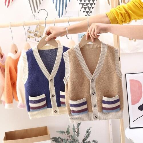 2021 Spring New Korean Baby Boys and Girls Vest Cardigan Pocket Sweater Vests Boys Knitted Clothes Kids V-collar Waistcoat 2-6Y