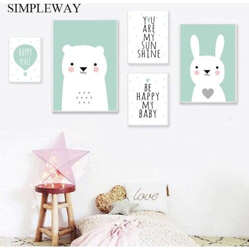 Child Poster Nursery Wall Art Print Cartoon Animal Rabbit Bear Moon Canvas Painting Nordic Kid Baby Room Decoration Picture