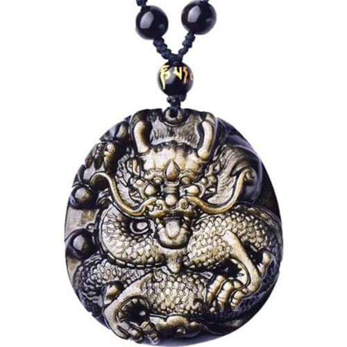 Drop Shipping Gold Obsidian Carved Dragon Jewlery Lucky Blessing Pendant Jade Jewelry Mens Jewelry