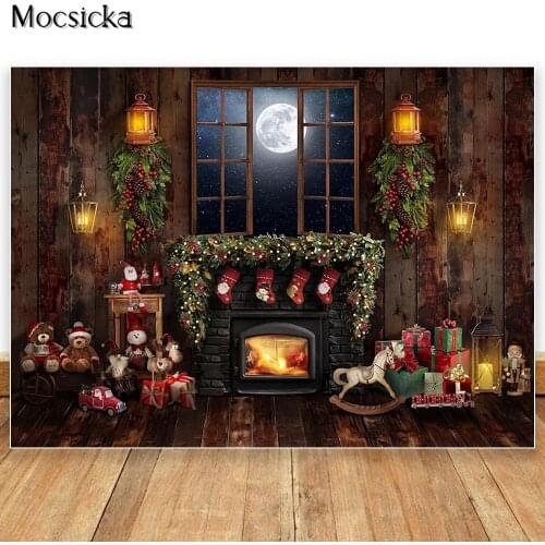 Christmas Fireplace Photography Backdrop Vintage Wooden Board Kids Portrait Photo Props Studio Booth Background Xmas Gift Decor