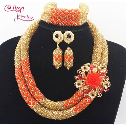 Crystal Nigerian Wedding Bridal beads African Beads Jewelry Set Handmade Dubai Bridal Necklace Sets Bracelet Earrings N0035