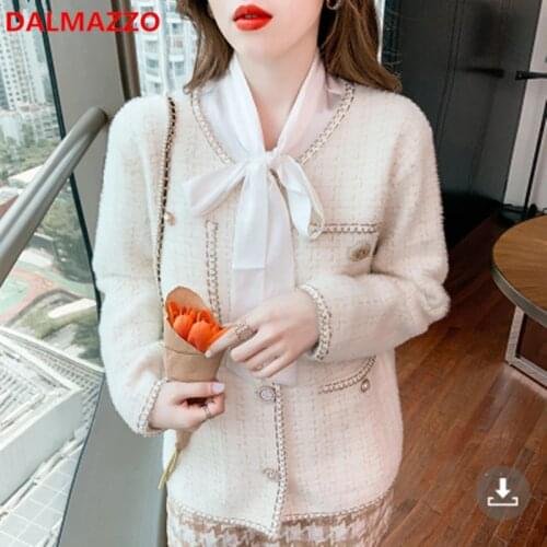 DALMAZZO Fashion Womens Tweed Woolen Single Breasted Short Jacket Coat 2021 Autumn Winter Ladies Loose Pockets Coats Female