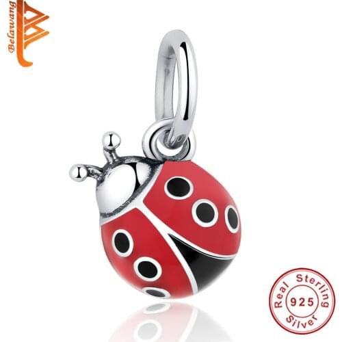 Fashion Sterling Silver 925 Beads Charm Red Ladybug Dangle Pendant fit pandora Original Women Bracelet Bangle DIY Jewelry Making
