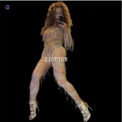 Fashion Sexy Tassel Nude Jumpsuit Womens Skinny Leggings Wear Bodysuit Outerwear Stones Hollow Outfit Performance