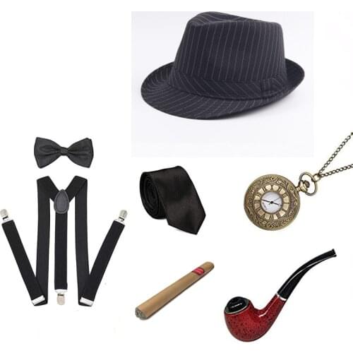 1920S Mens Great Gatsby Accessories Set Roaring 20s 30s Retro Gangster Costume Costume Pipe Vintage Pocket Watch
