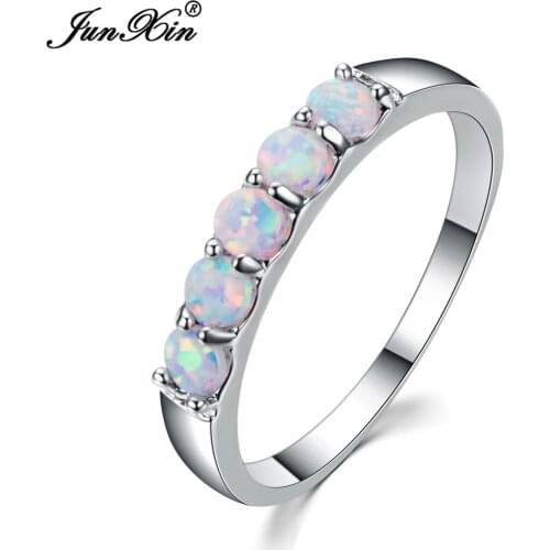 JUNXIN Boho Male Female White Opal Stone Ring Fashion Simple Small Round Ring Promise Wedding Engagement Rings For Men And Women