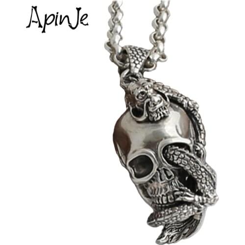 Apinje 925 Sterling Silver Skull Necklace Pendant Men Animal Dragon Skull Hip Hop Punk Gothic Jewelry