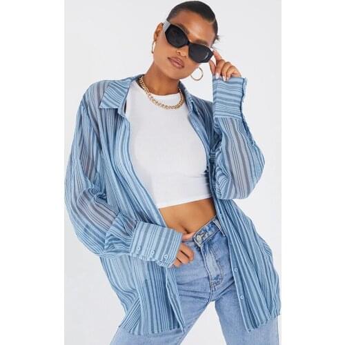 Puloru Casual Women Sun-Proof Shirts See Through Loose Stripe Long Sleeves Turn down Collar Casual Tops Beach Party Cover-Up Top