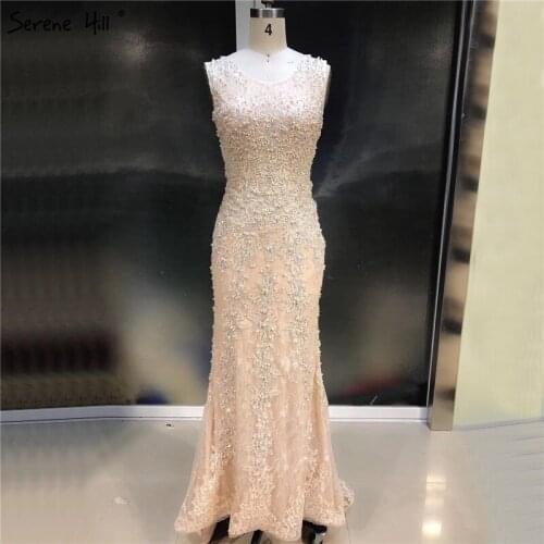 Pink Lace Crystal Pearls Sleeveless Evening Dresses Mermaid Luxury Tulle Formal Dress Long 2020 Serene Hill LA6117