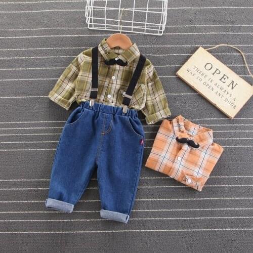 Kids Boys Gentleman Clothing Sets Autumn Kids Fashion Suits Long Sleeve Plaid Shirt+Suspenders Trousers Casual Baby Boys Clothes