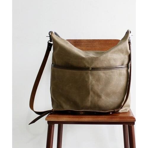 Handmade waxed canvas bag cross body bag messenger bag Leather canvas Tote bag Shoulder bag Womens Totes School Bag Handbags