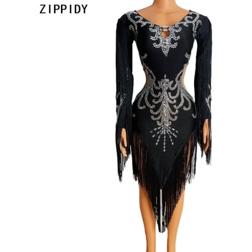 Silver Rhinestone Long Sleeve Fringes Spandex Dress Bar Women Dancer Evening Outfit Birthday Celebrate Latin Dress