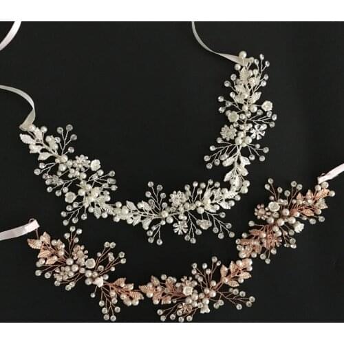 SLBRIDAL Rose Gold Crystal Rhinestone Pearls Floral Wedding Hair accessories Hairband Bridal Headband Bridesmaids Jewelry Women