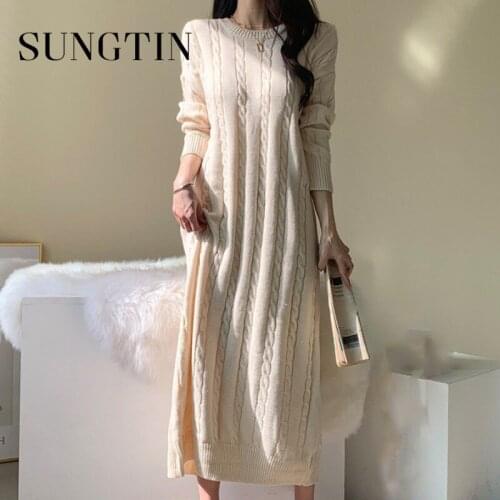 Sungtin Vintage Long Twist Knitted Dress Women Loose Solid Sweater Dresses O Neck Long Sleeve Mid Calf Vestidos Mujer Korean New